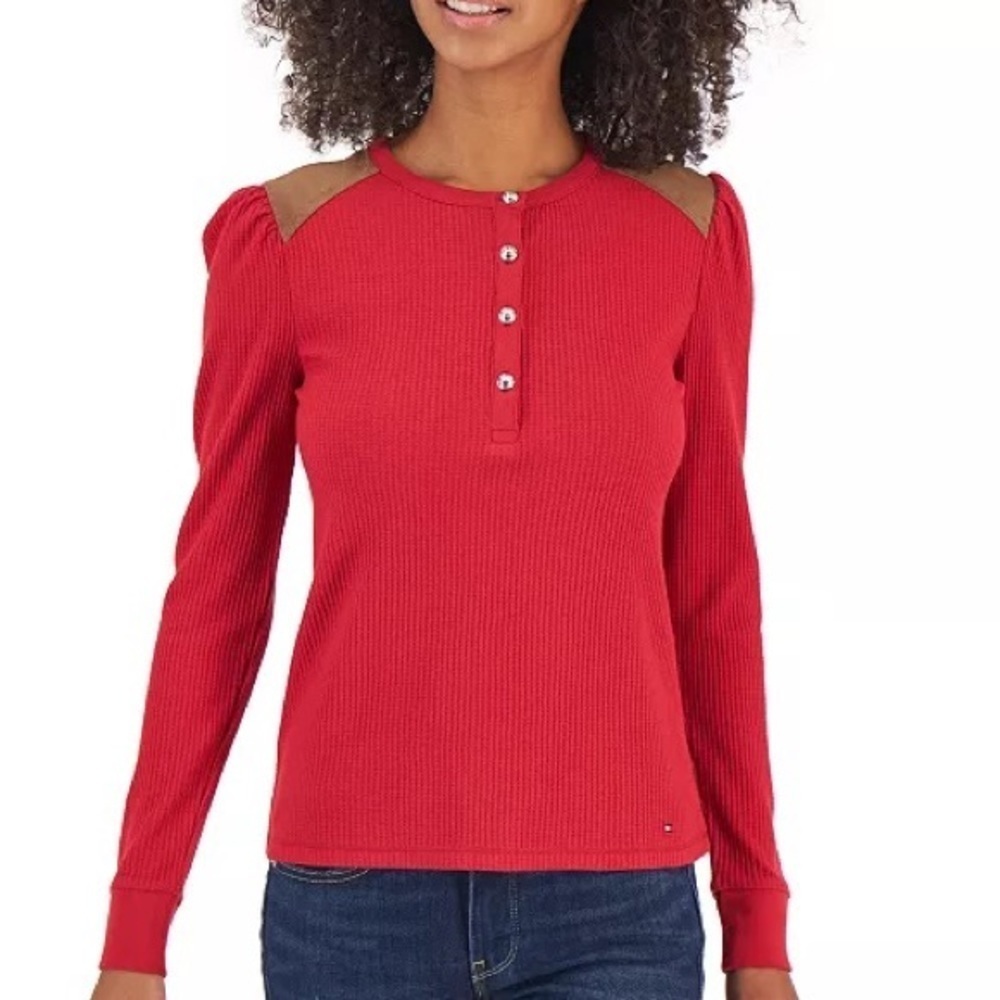 Tommy Hilfiger Women's Red Faux Suede Trim Henley Top
